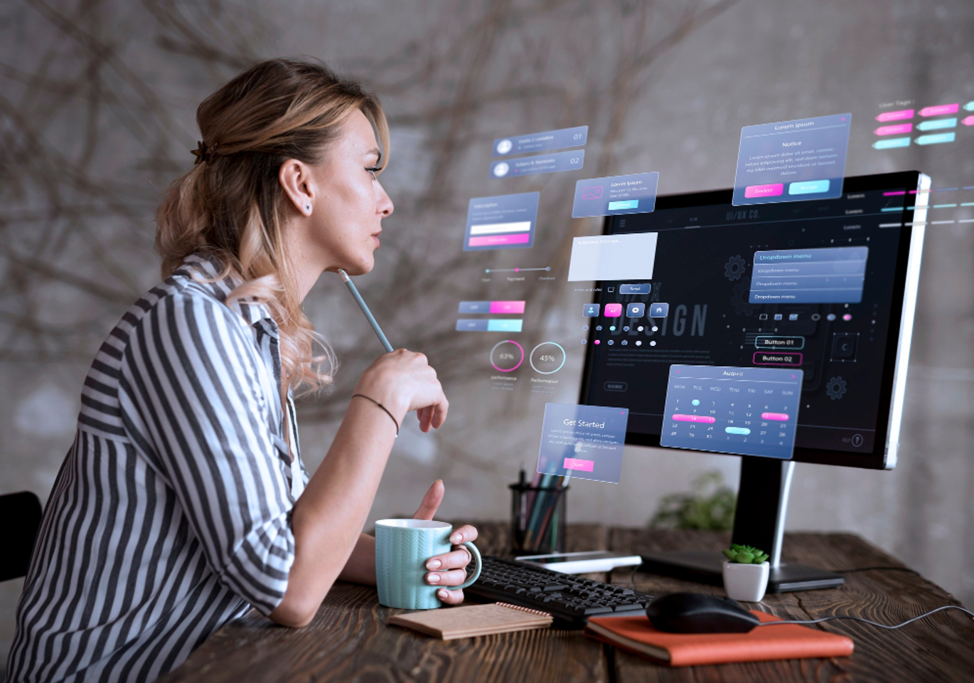 A woman staring at computer screen