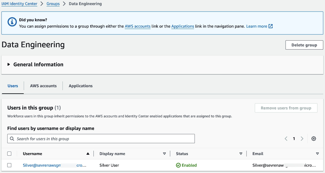 IAM Identity Center > Groups > Data Engineering