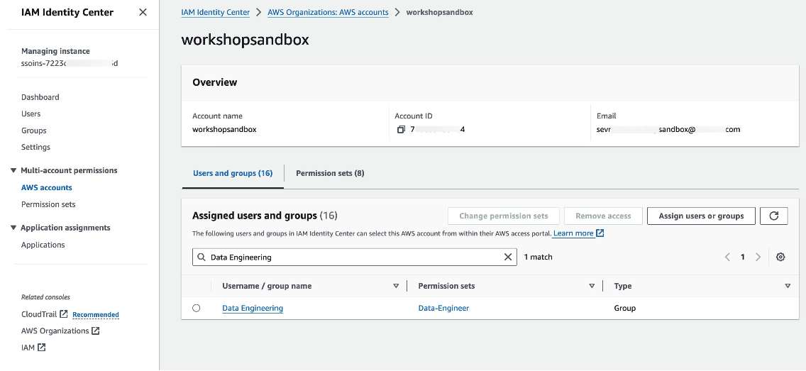 IAM Identity Center > AWS Accounts > WorkshopSandbox