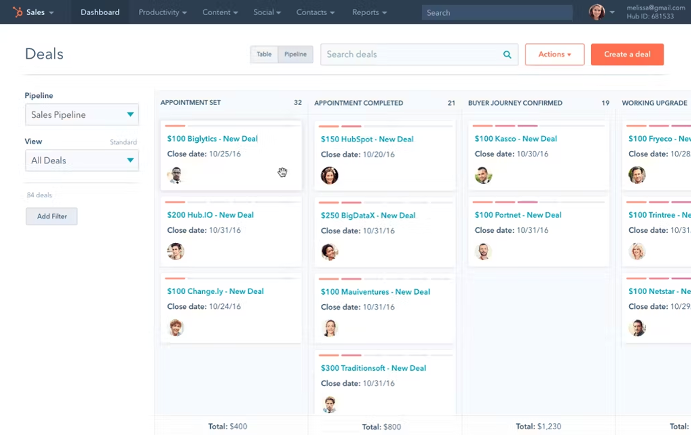 Deals interface in HubSpot CRM