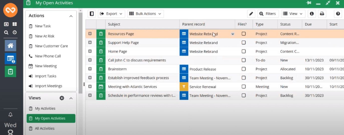 Workbooks CRM interface