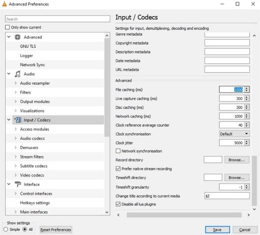 Advanced Preferences > Input/Codecs