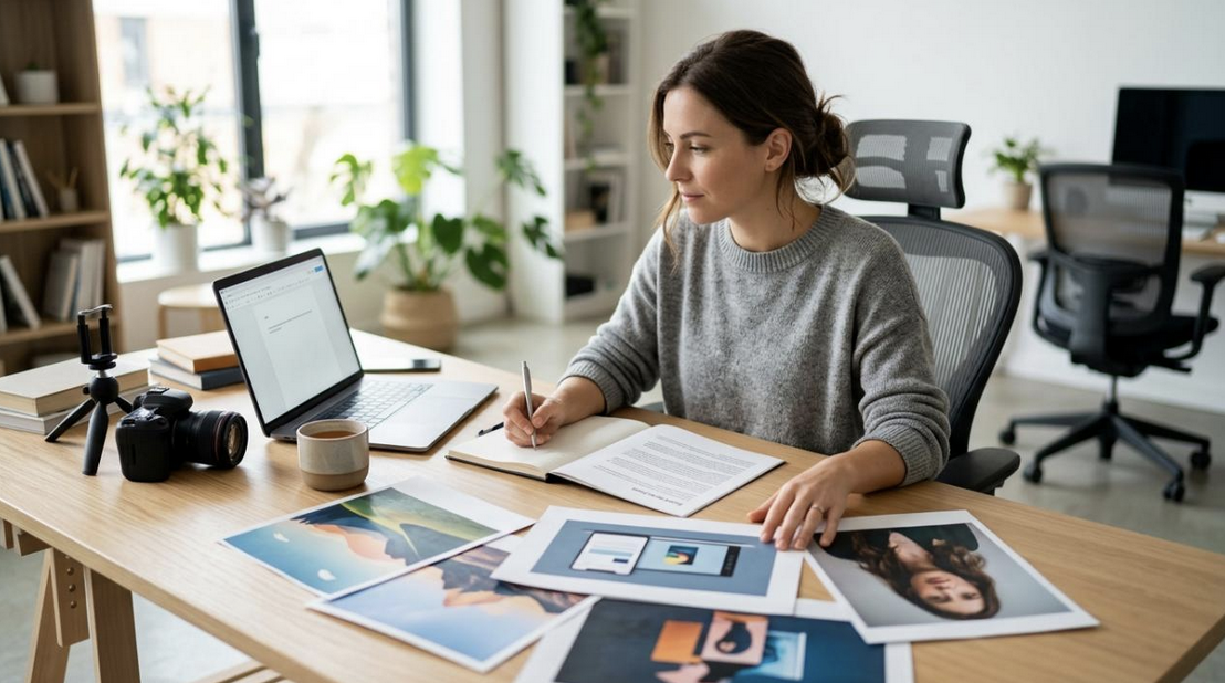 Content creator planning blog visuals at a desk