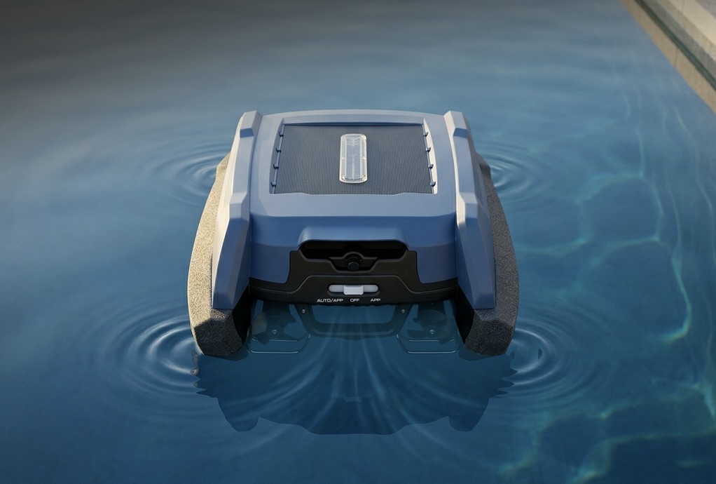 Robotic pool skimmer operating on a residential swimming pool