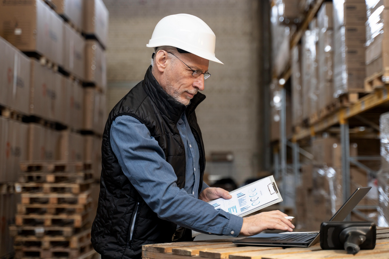 Warehouse worker checking inventory on laptop
