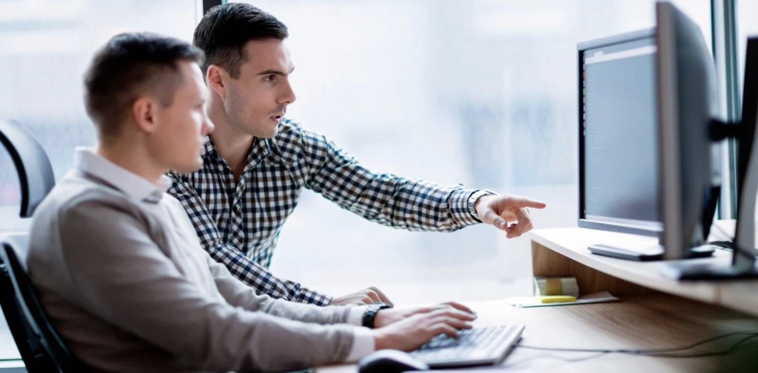 Two professionals working at a computer