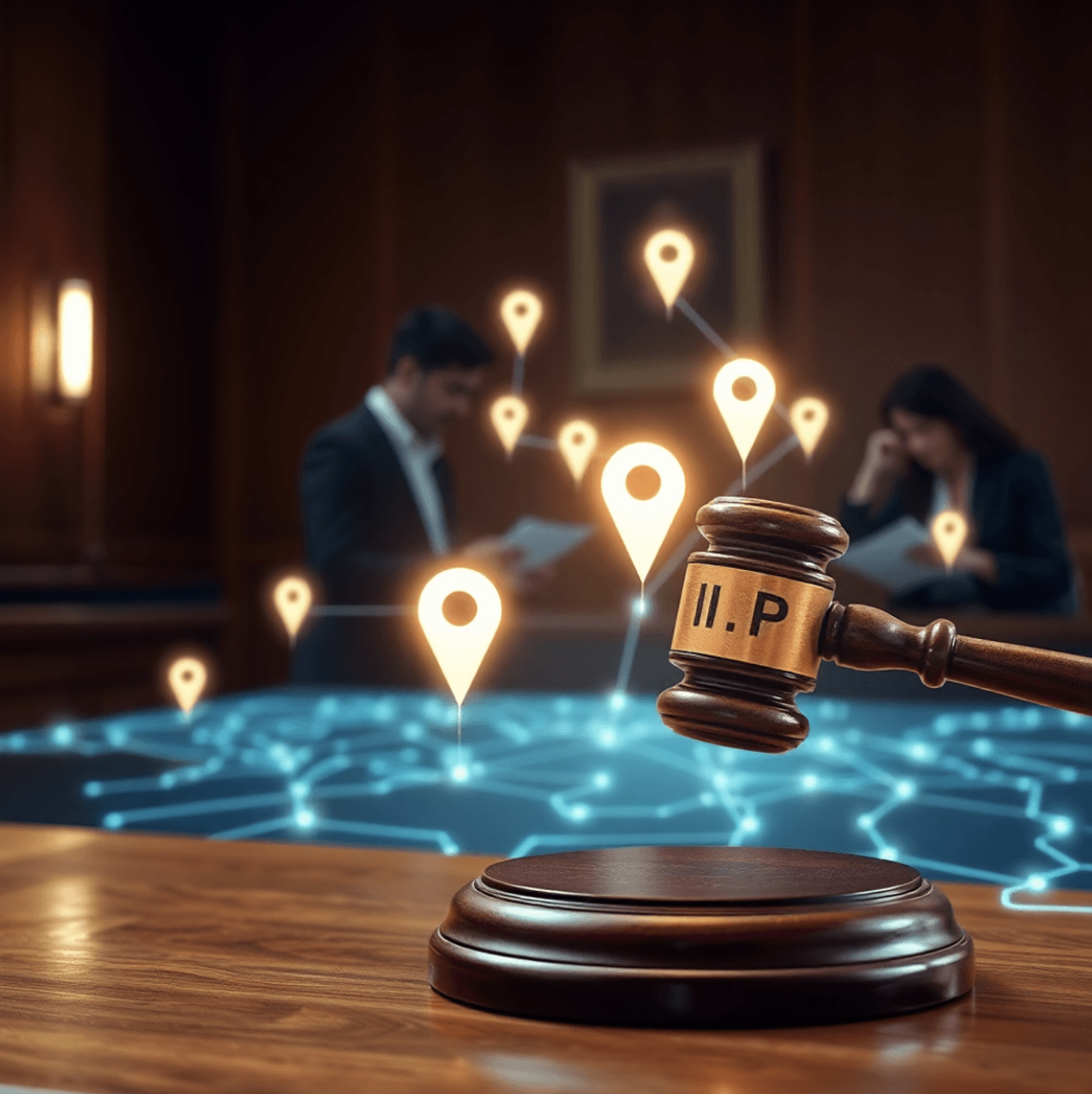 IP geolocation markers and courtroom gavel representing digital location evidence