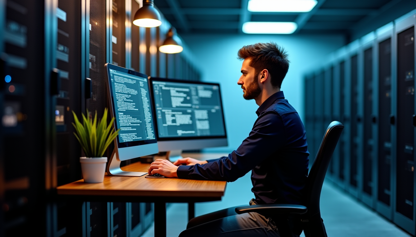 Developer managing local AI infrastructure in a server room