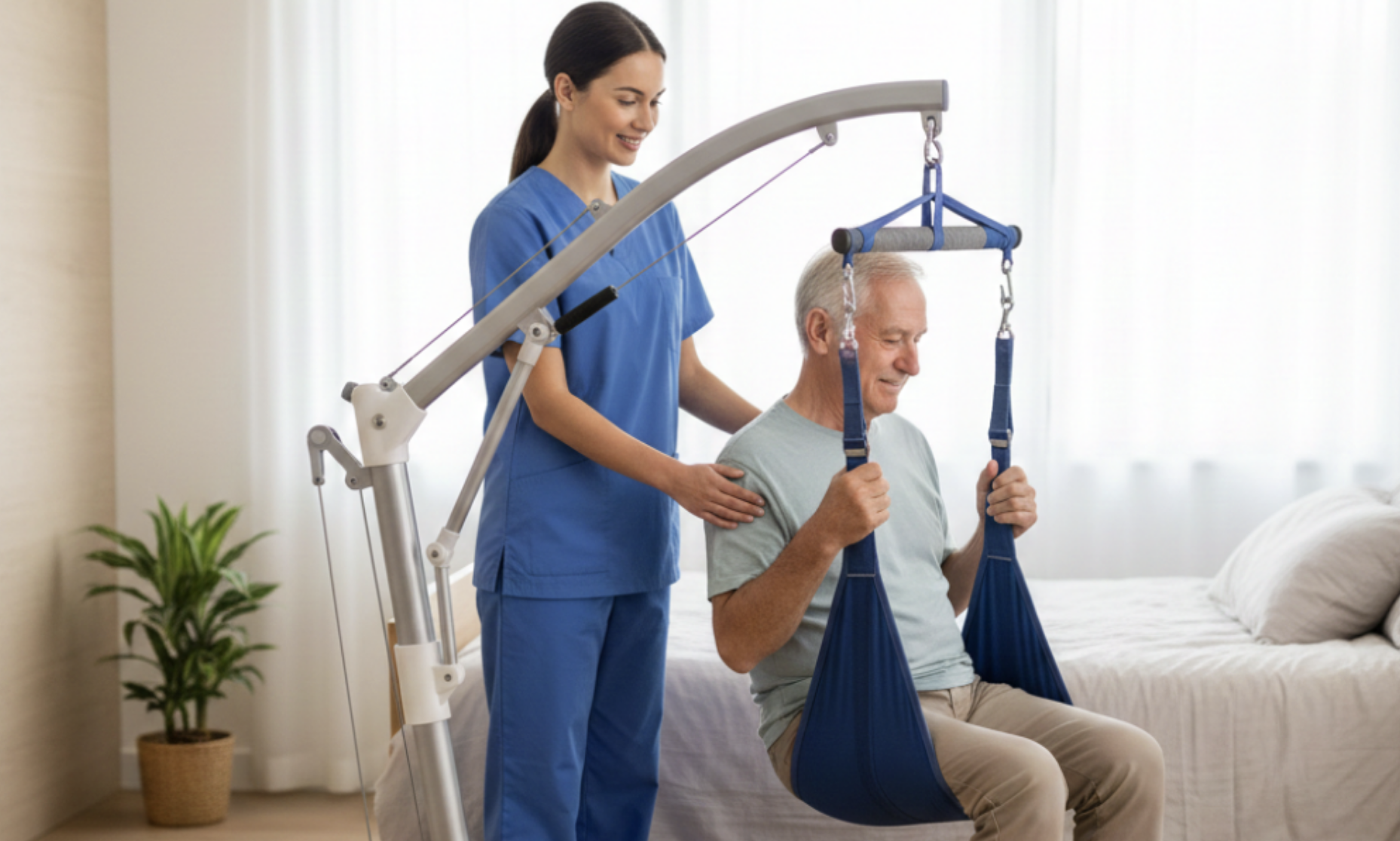 Patient sitting in hoist