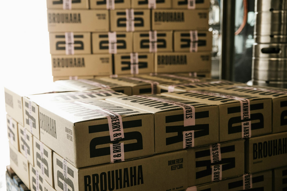 Stacked shipping boxes prepared for transport