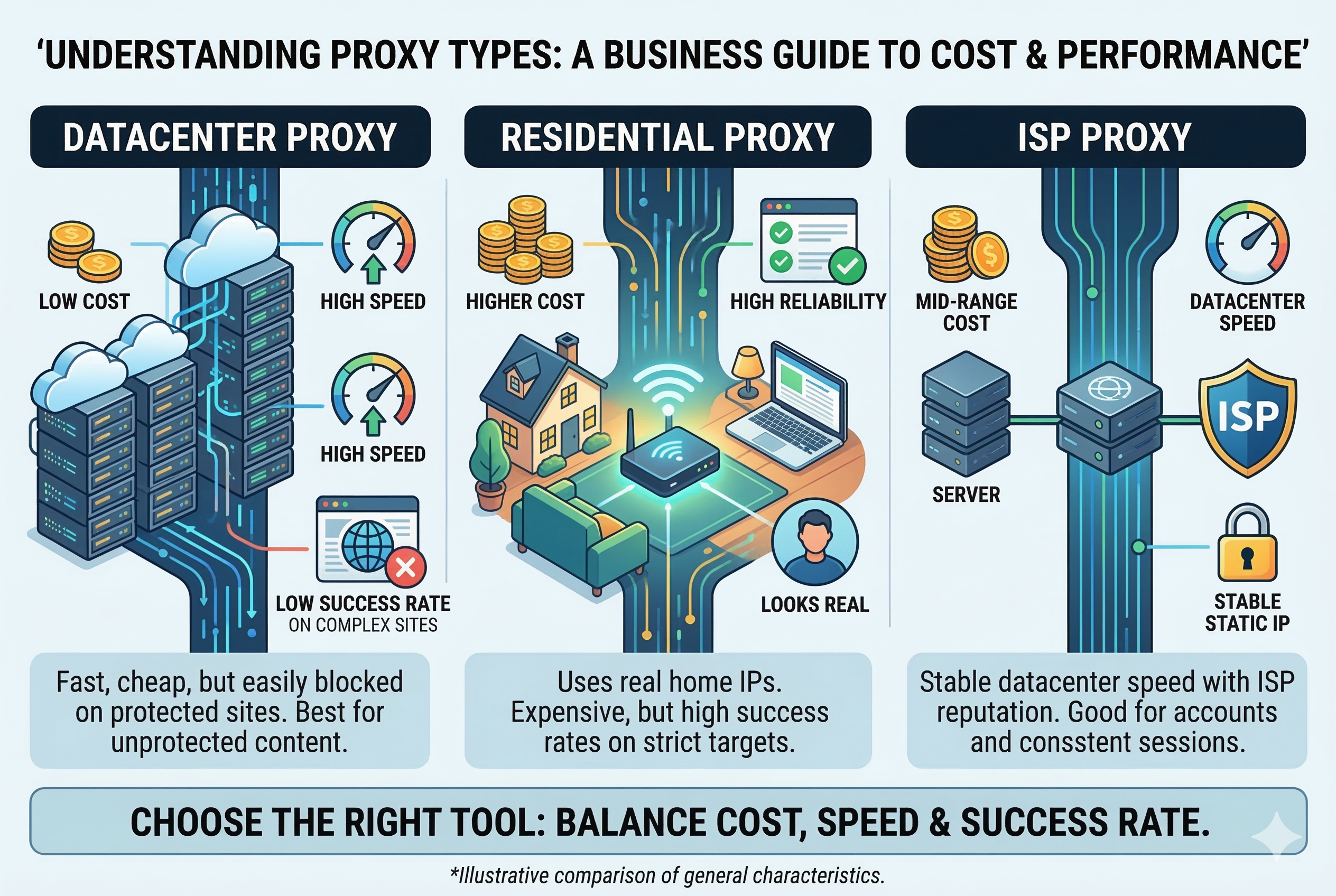 Infographic of difference between datacenter proxy, residential proxy, and ISP proxy