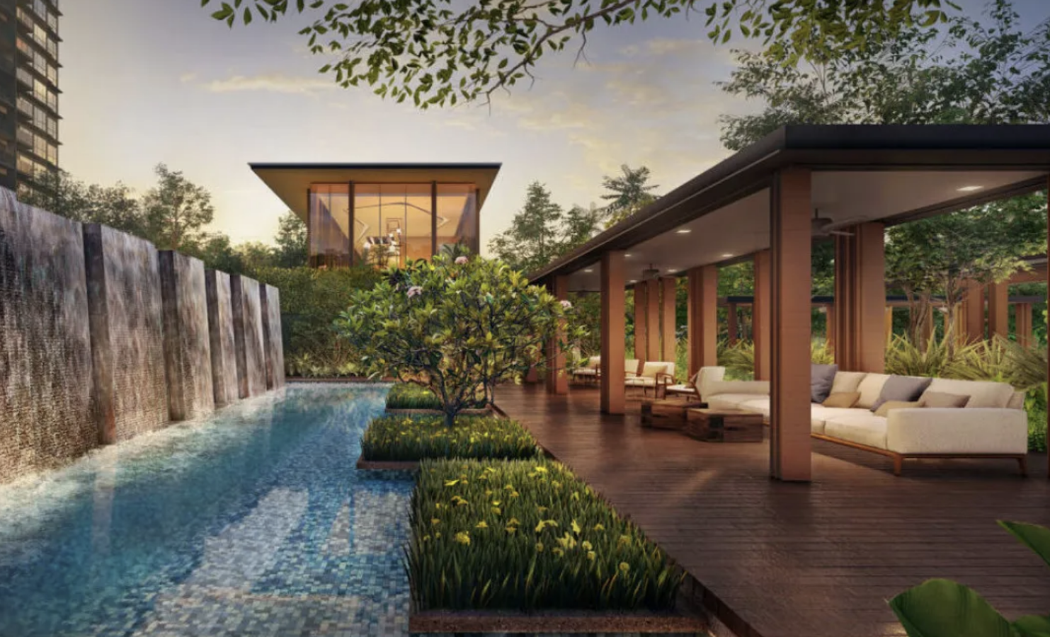 Modern residential outdoor lounge with pool and greenery