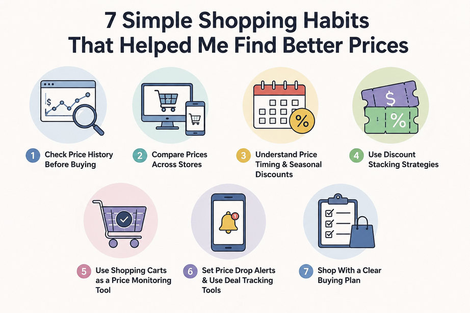 Infographic showing seven smart shopping habits for saving money
