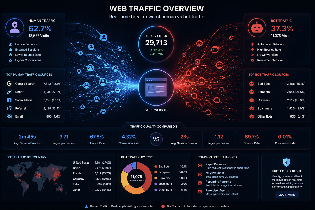 Visualization comparing human website visitors and automated bot traffic