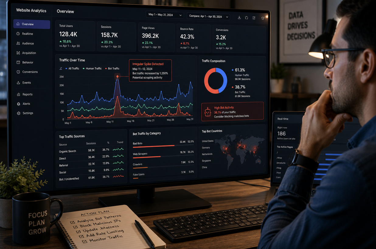 Website analytics dashboard showing suspicious bot traffic patterns