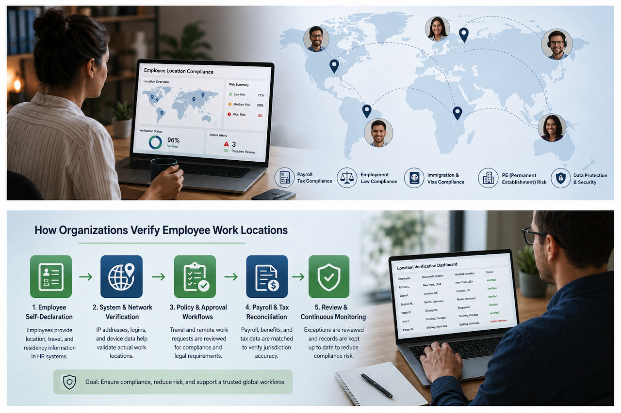 Employee work location verification and compliance workflow infographic