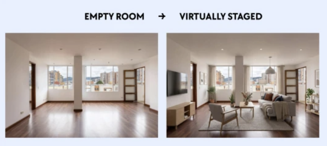 Empty room to virtually staged room