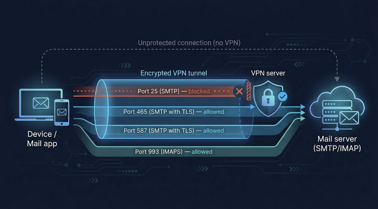 VPN email ports diagram showing SMTP 25 blocked and 465/587/993 allowed