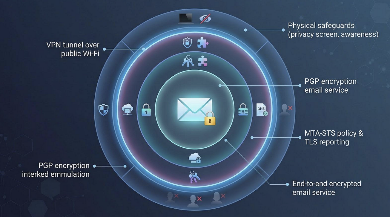 Layered email security with VPN, encryption, and safeguards