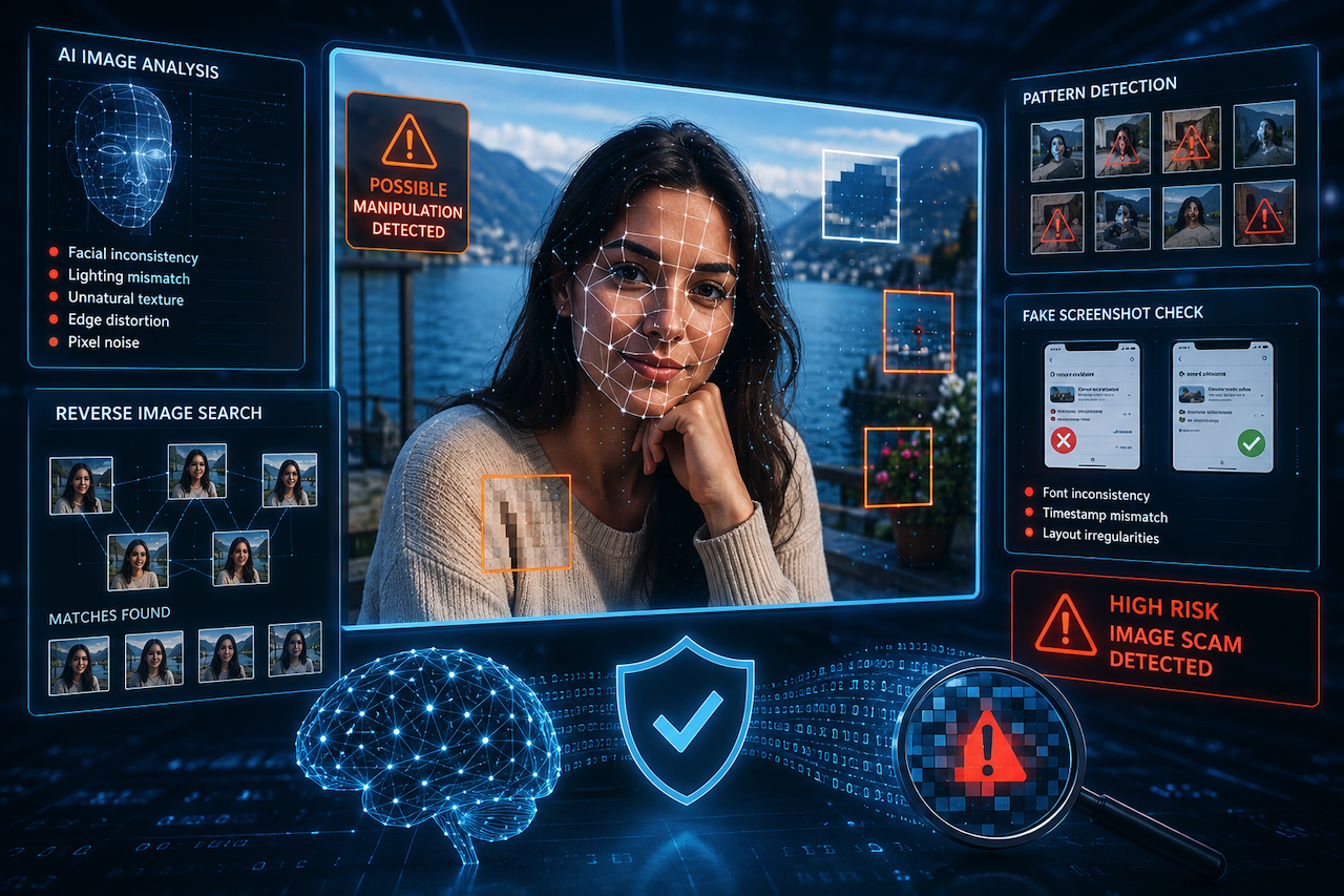 AI analyzing suspicious images to detect online scams and digital fraud