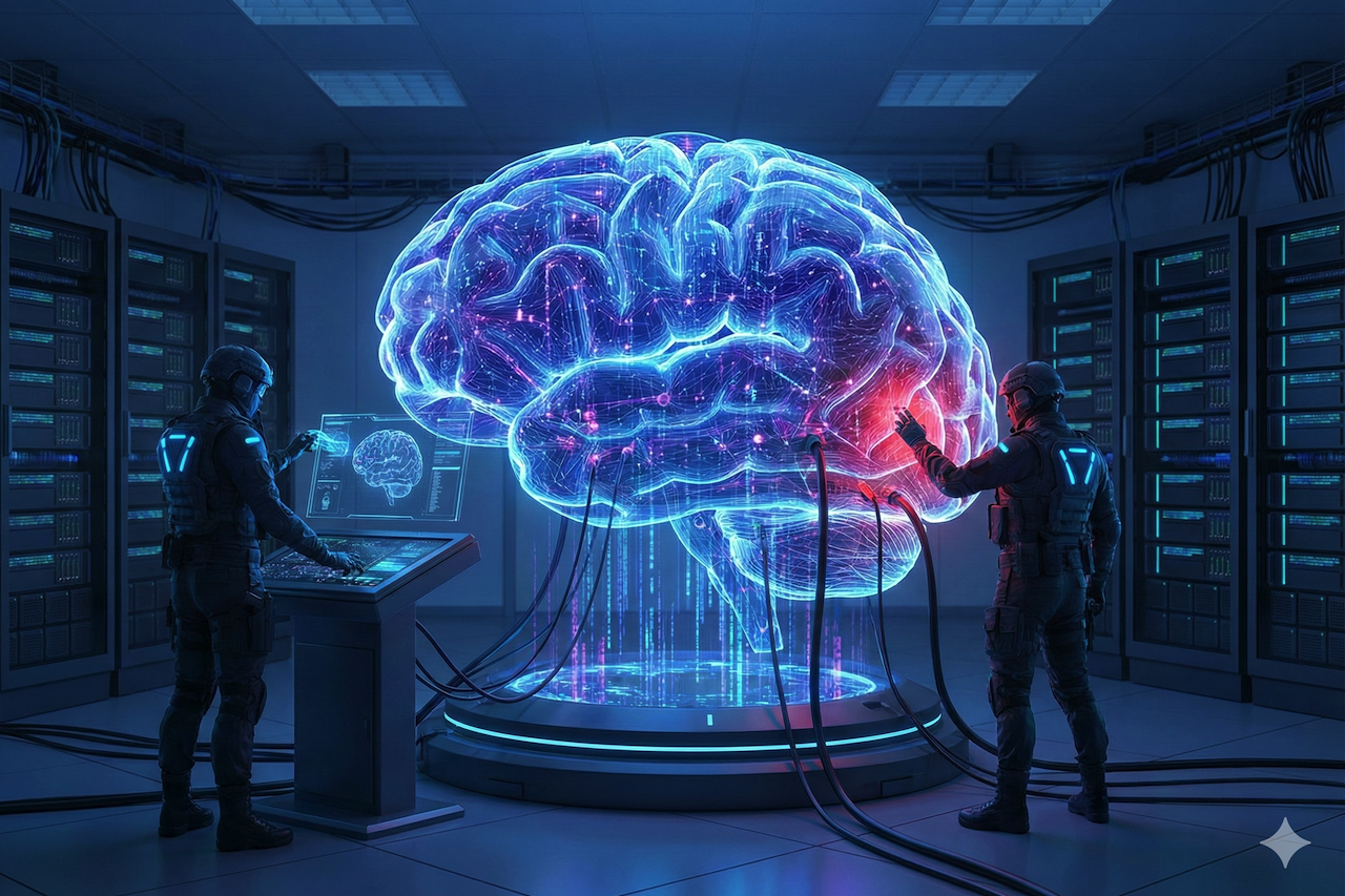Engineers testing a holographic AI brain in a server room