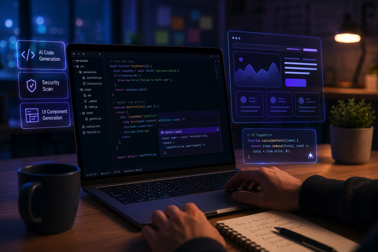 AI-powered web development workspace with futuristic coding interface