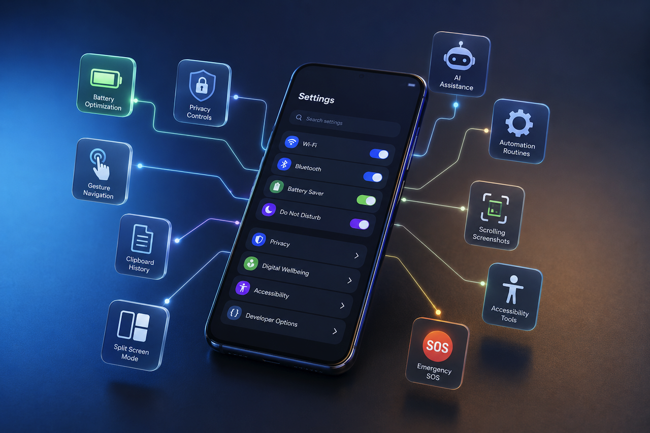 Smartphone displaying hidden settings and productivity tools