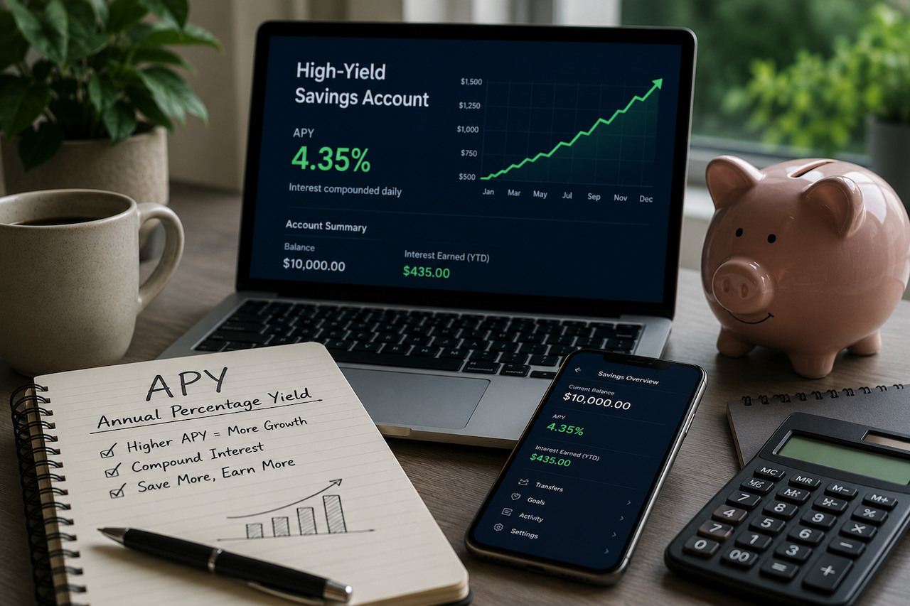 APY savings and online banking concept workspace