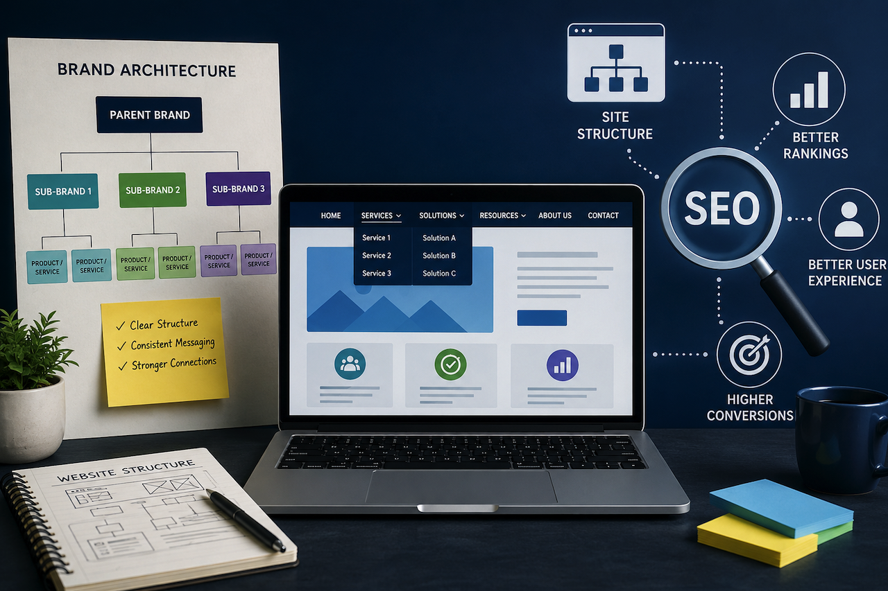 Website brand architecture and SEO strategy illustration