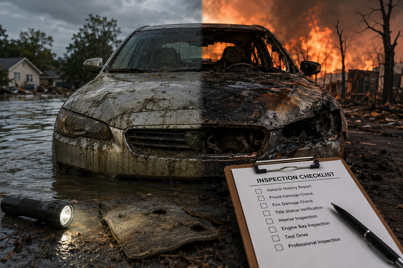 Flood and fire damaged vehicle