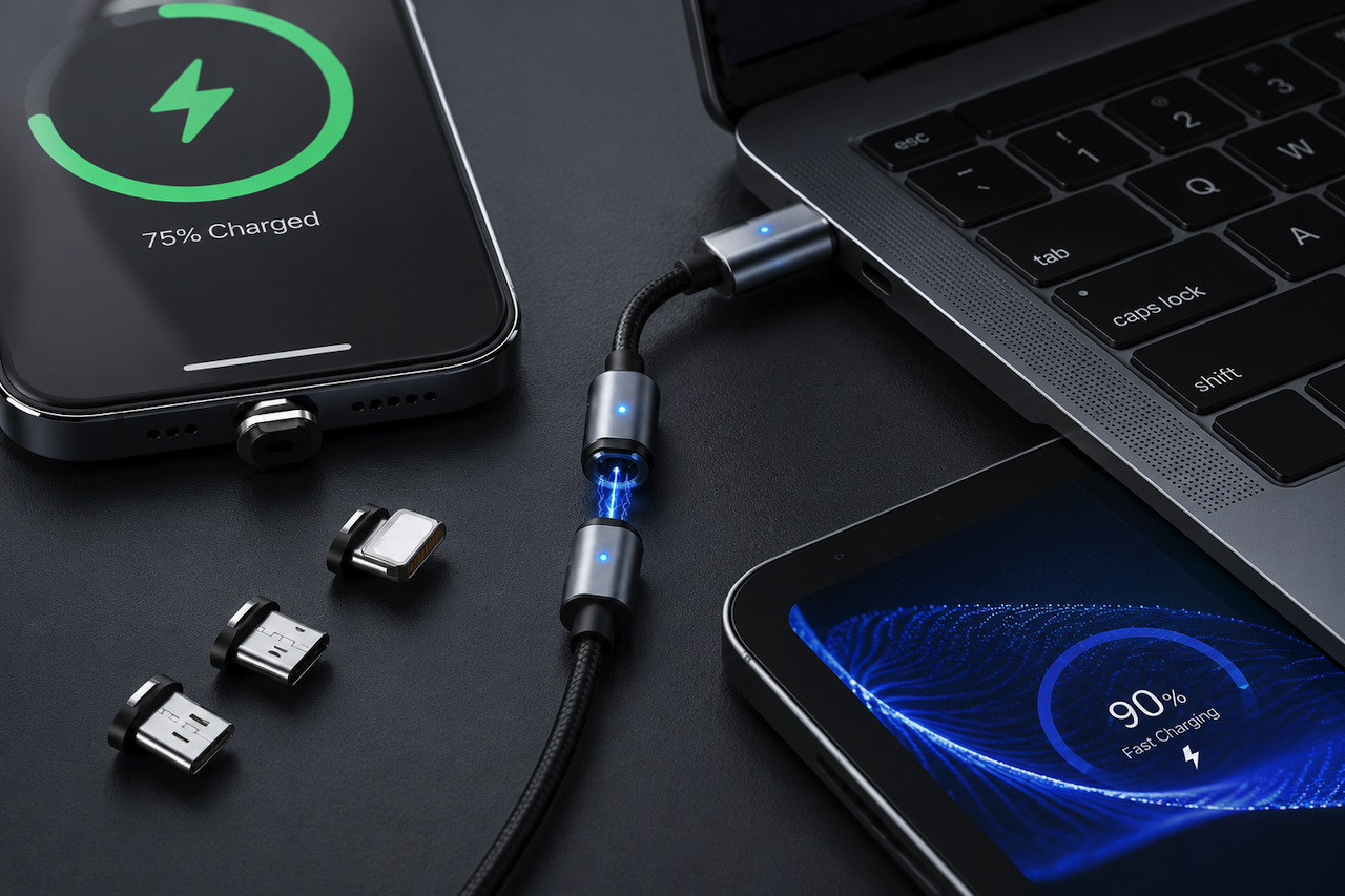 Magnetic charging cable connected to smartphone and laptop with fast charging indicators visible