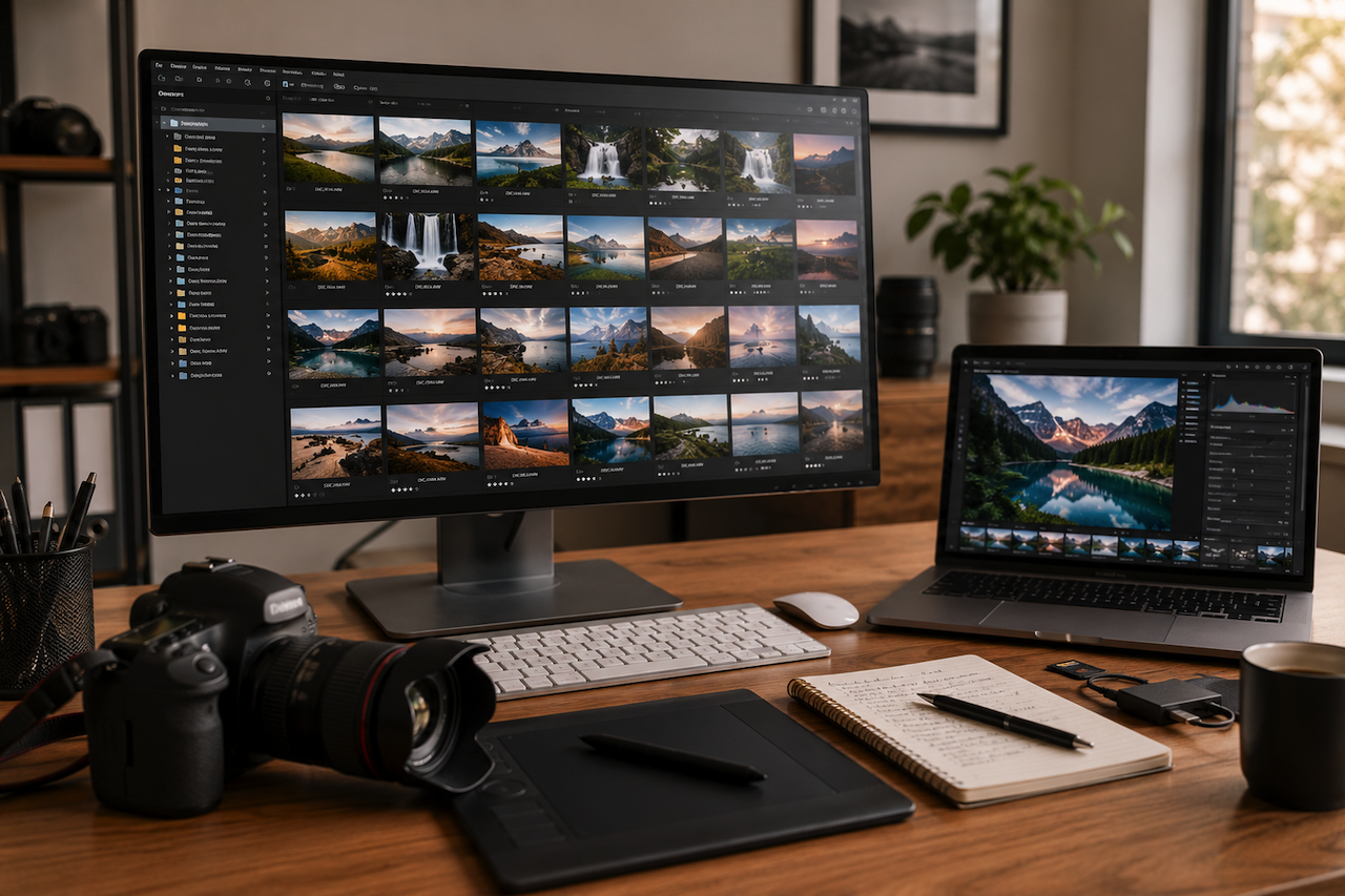 Photography editing workspace with photo management software