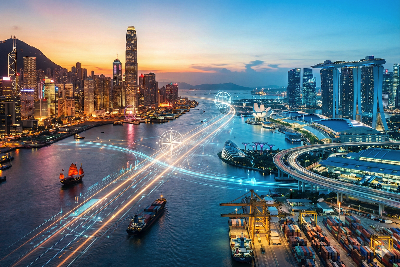 Modern global business hub skyline with digital connectivity and trade routes