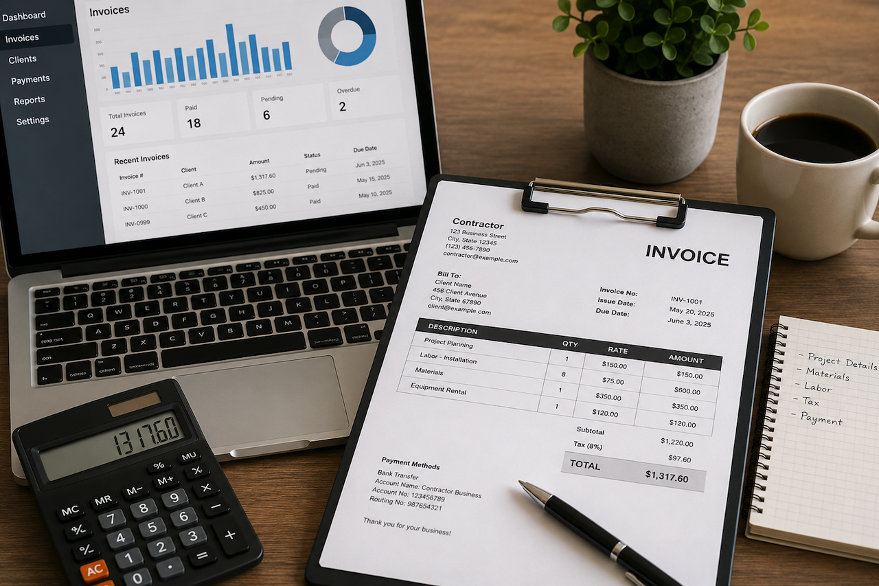 Contractor invoice template displayed on desk with laptop and calculator
