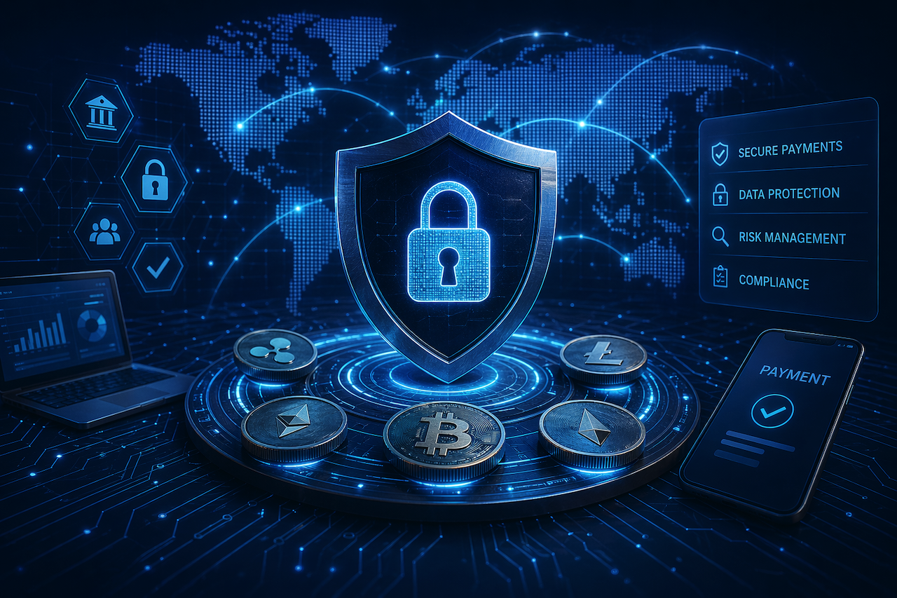 Crypto payment security shield with digital assets