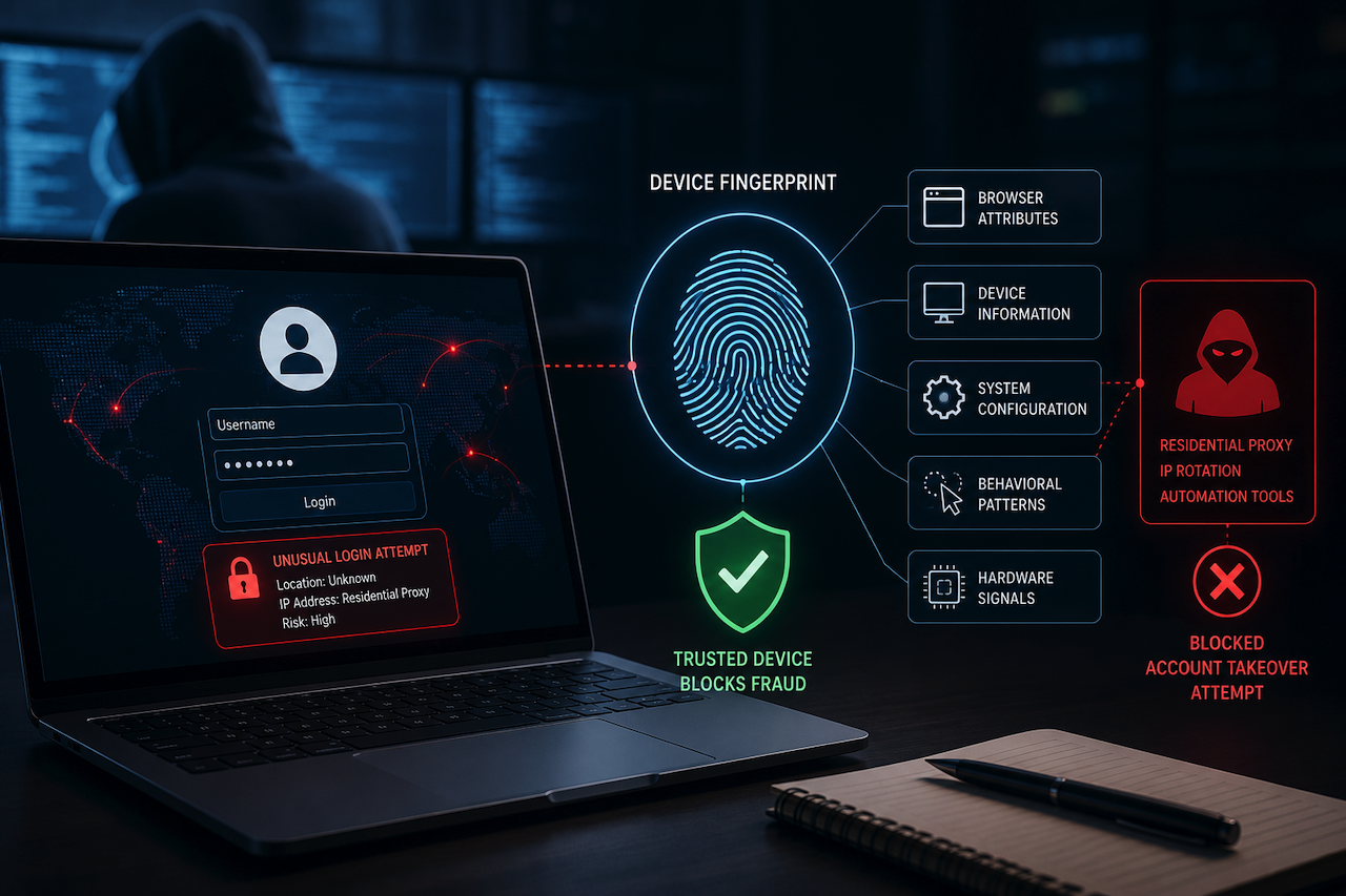 Device fingerprinting system detecting and blocking account takeover fraud