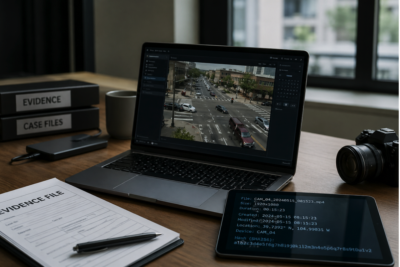 Digital footage and metadata analysis on laptop desk