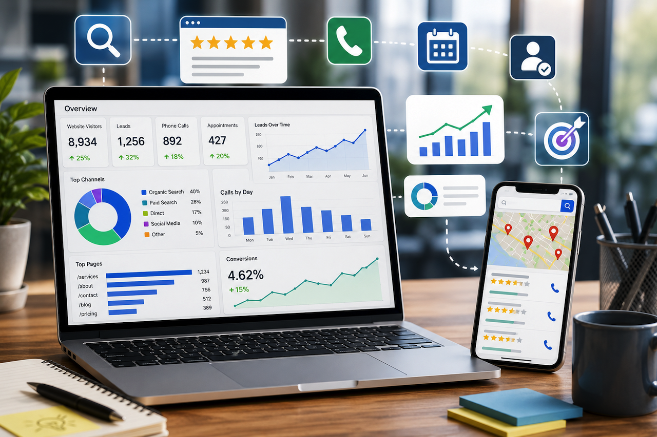 Digital marketing analytics dashboard with local search and lead generation