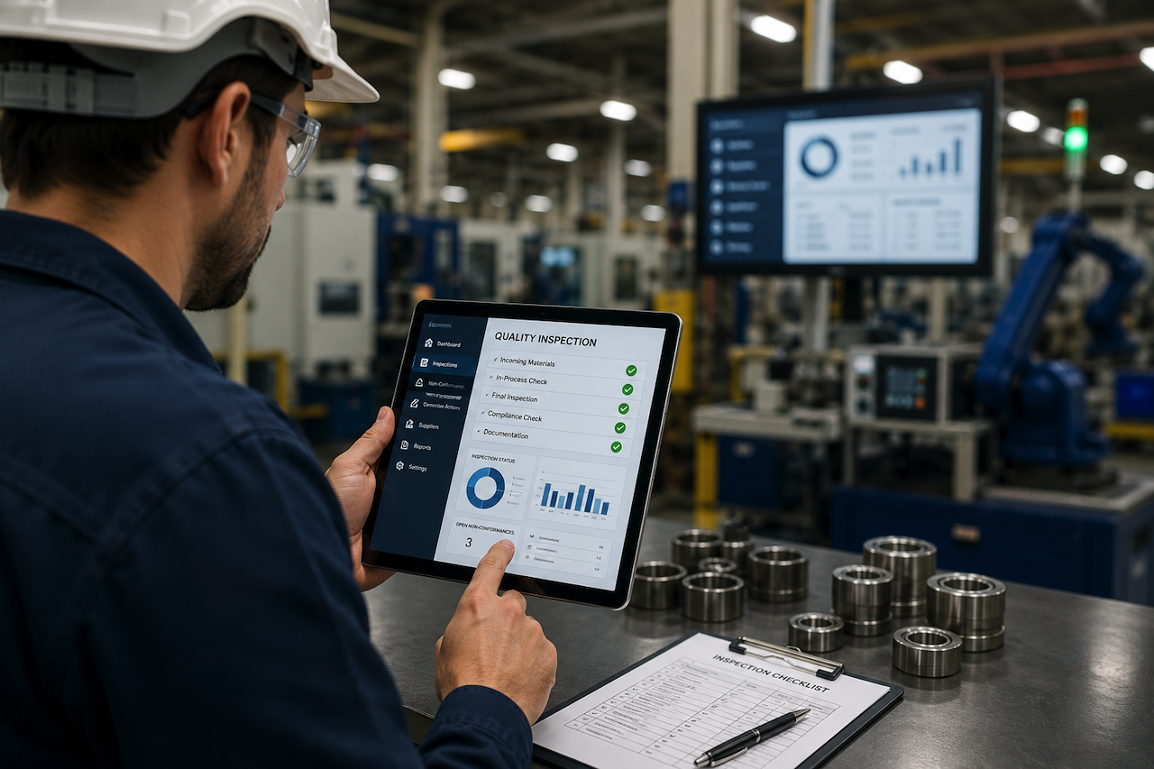 Manufacturing worker reviewing digital quality inspection workflow