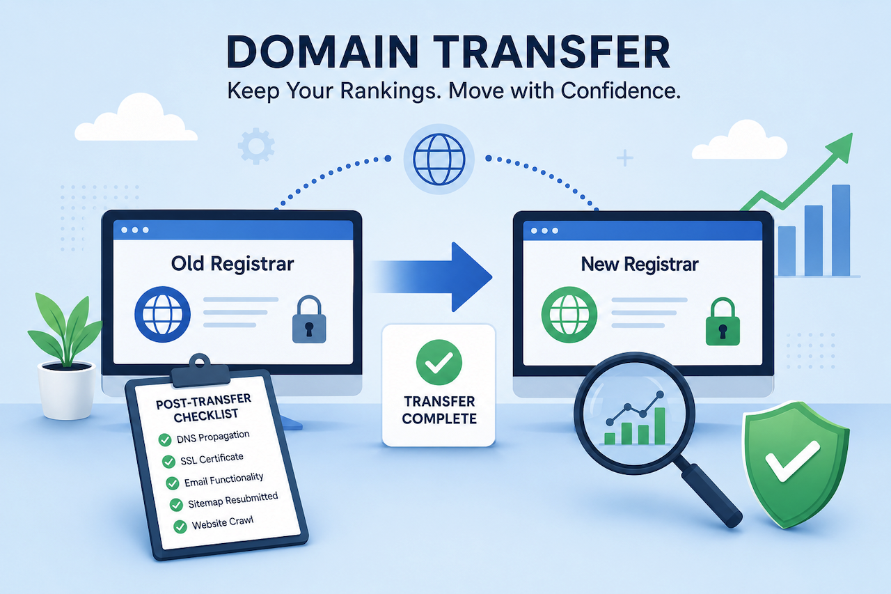 Domain transfer process with security checks and SEO ranking protection