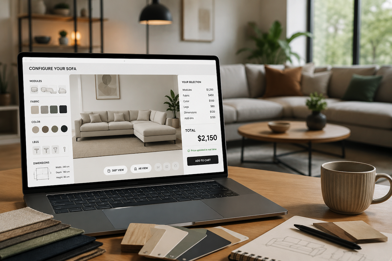 Laptop displaying a 3D furniture configurator