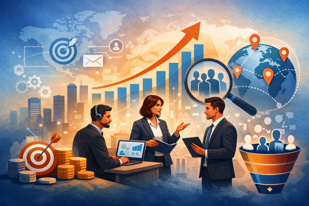 Team collaborating on sales growth strategy with charts, targets, and global market icons