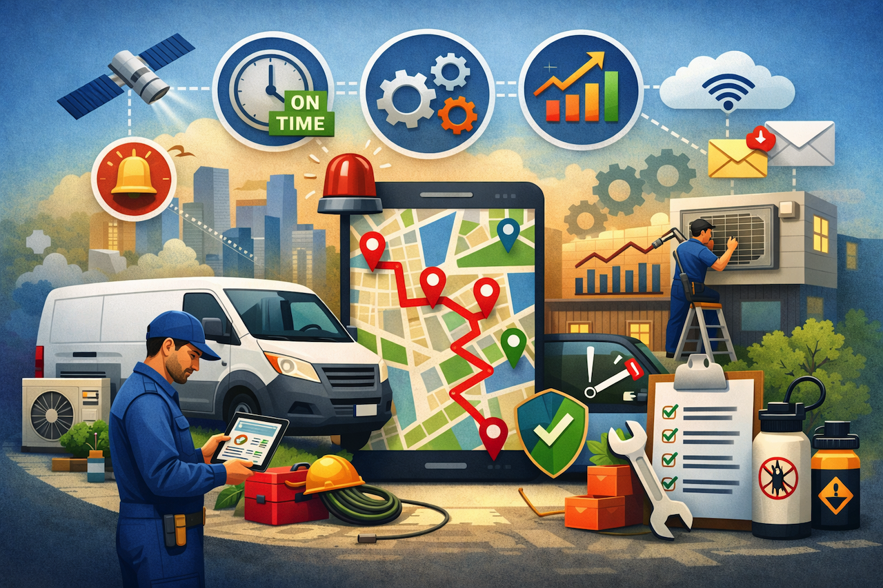 Field service efficiency illustration with routing, scheduling, and technician tools