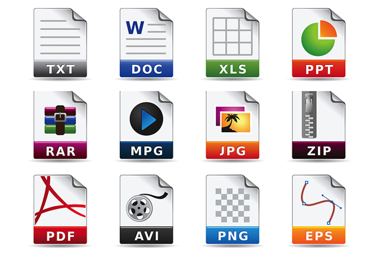 File format icons for documents, images, videos, and archives