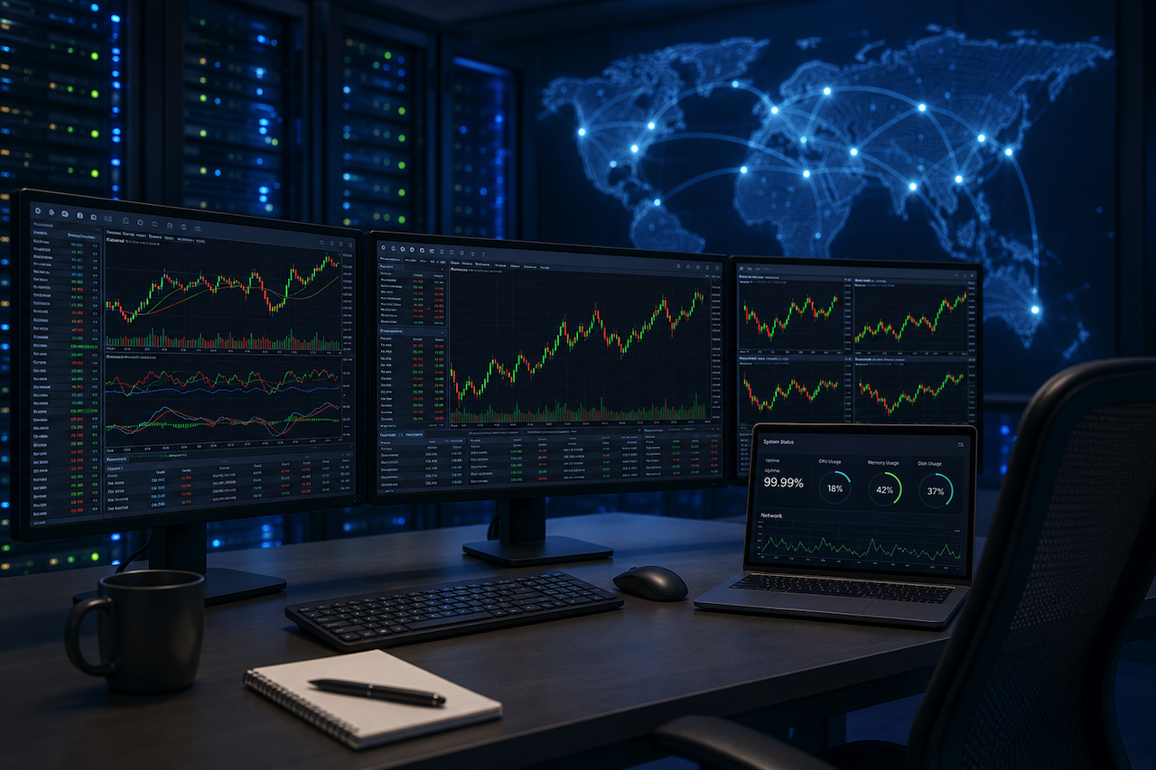 Trading workstation with server racks and global network map