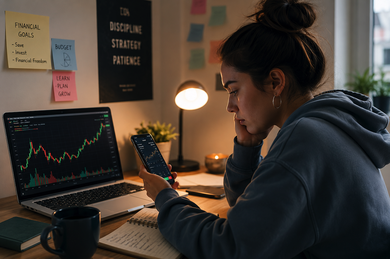 Young adult reviewing trading charts and financial apps