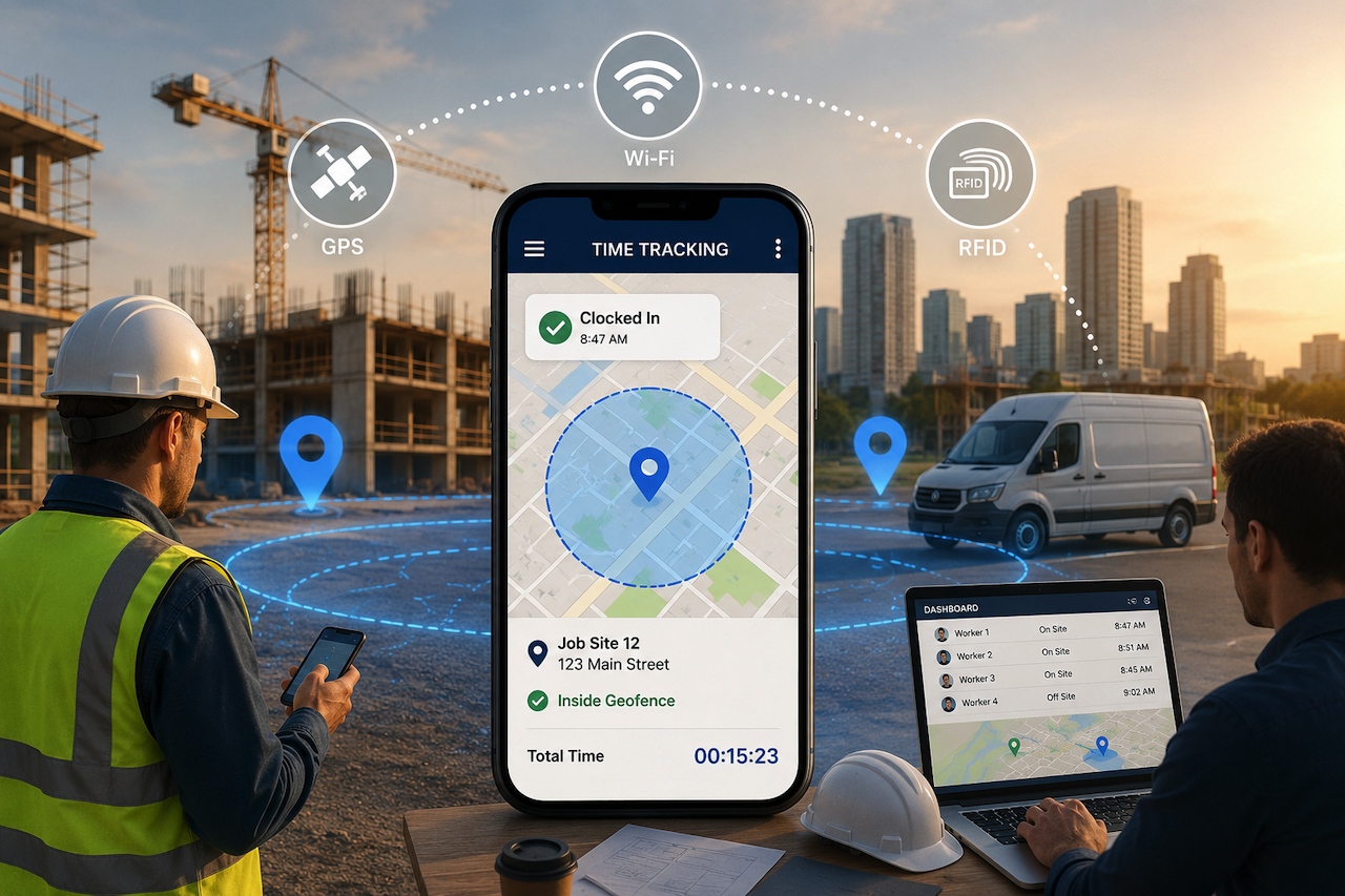 Geofence time tracking at a job site