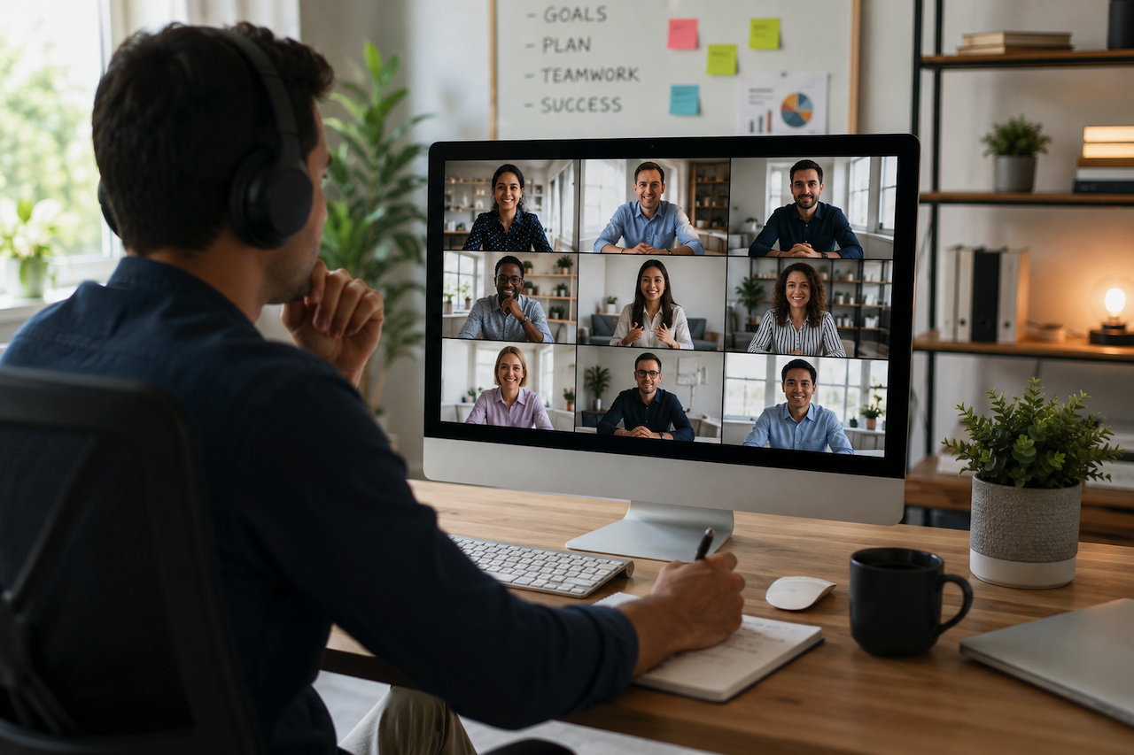 Remote team collaborating through a virtual meeting
