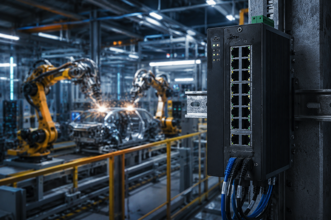 Industrial Ethernet switch installed inside an automated manufacturing facility