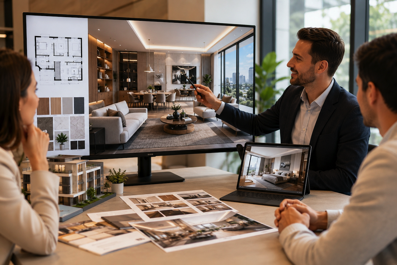 Real estate professionals presenting photorealistic interior design concepts to clients
